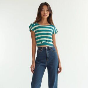 BOUNDARY & CO. Striped Teal and Cream Knit Top L